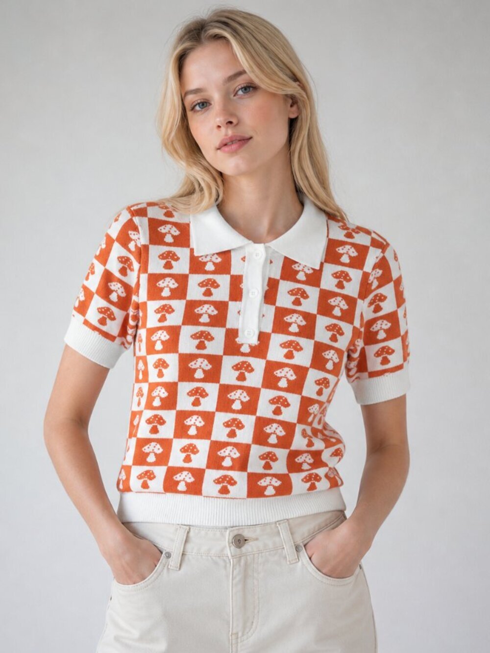 2/$30 Forever 21 Checkered Mushroom Allover Cropped Polo Sweater Apricot #A1931
